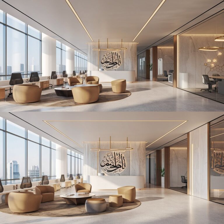 "Modern office interior in Kuwait featuring sleek workstations, ergonomic furniture, and elegant lighting – tailored for productivity and style."